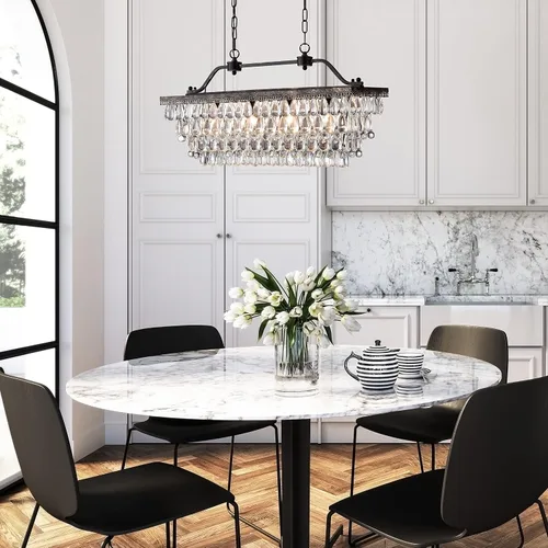 Vista 4 de Edvivi Candelabro de cristal lineal rectangular de lujo, 4 luces glamorosas con acabado de bronce antiguo, lámpara de techo ajustable, comedor, isla