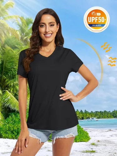 Vista 4 de MAGCOMSEN Camisetas de mujer con cuello en V, manga corta, UPF 50+, protección solar, secado rápido, camisetas atléticas