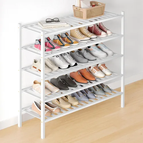 Vista 108 de Smiry Zapatero de bambú para armario, organizador de zapatos de madera de 3 niveles, estante apilable de almacenamiento de zapatos de madera