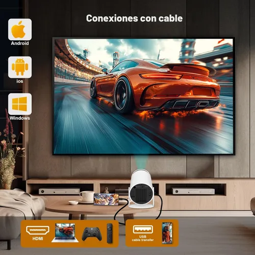 Vista 3 de Mini proyector, proyector portátil HY300 PRO, compatible con 4K 1080P con doble banda WIFI6 5G inalámbrico 5.2 Bluetooth Android 13, rotación