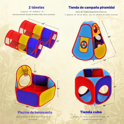 Vista 2 de Playz 5 piezas de tiendas de campaña infantiles y túneles - Piscina de pelotas para niños pequeños, canasta de baloncesto, tubos para gatear, casas