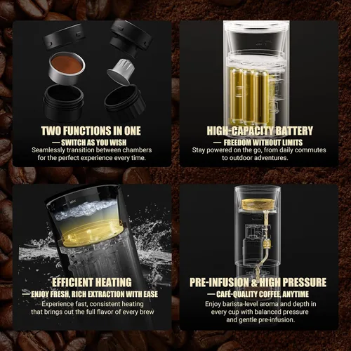 Vista 6 de Nuttii E-Coffee - Máquina de café espresso portátil, cafetera de viaje autocalentable de 20 bares, control de presión preciso para extracción