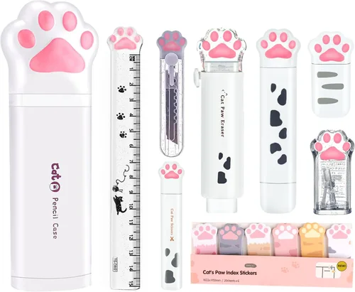 Vista 7 de Bonitos suministros escolares rosados, juego de papelería kawaii, regalos de cumpleaños de papelería japonesa, incluye sacapuntas, borrador, cinta