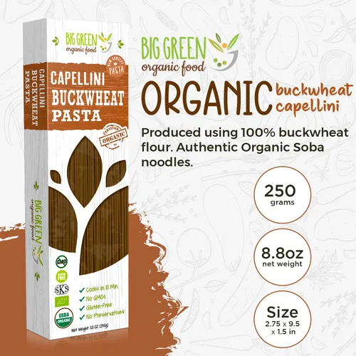 Vista 4 de Big Green Organic Food - Capellini de trigo sarraceno orgánico, 8.8 onzas, 100% trigo sarraceno, sin gluten, sin OMG (paquete de 5)