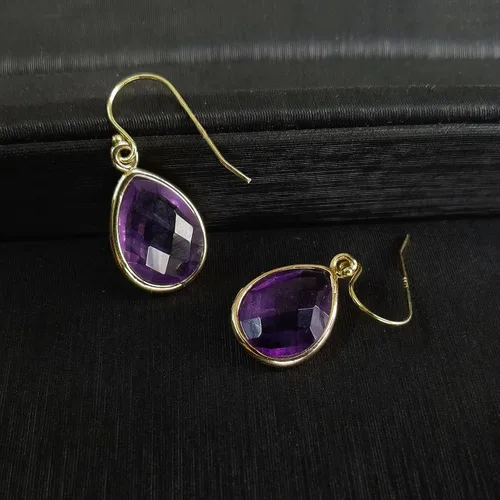 Vista 2 de Aretes de amatista, aretes de cristal morado con lágrima para mujer, delicados aretes colgantes de piedra natural para joyería estética, aretes
