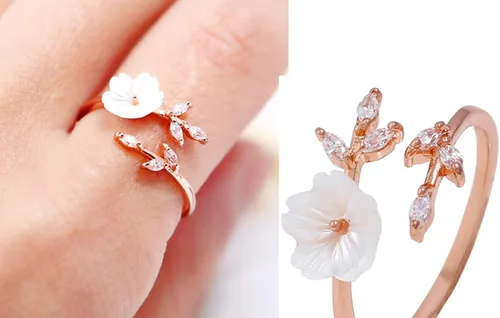 Vista 2 de Anillo de doble hoja de oro de 18 quilates, anillo de apertura de flor de concha blanca, anillo de apertura de flor de circón, anillo de dedo