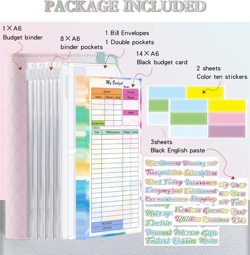 Vista 2 de Juego de carpetas presupuestarias de piel sintética, 25 unidades, cuaderno de cuero con sobres de efectivo transparentes, hojas de presupuesto