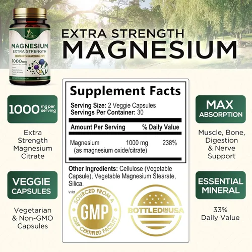 Vista 2 de Citrato de magnesio 1000 mg por porción – Magnesio extra fuerte para huesos, músculos, nervios y apoyo a la salud del corazón, suplemento
