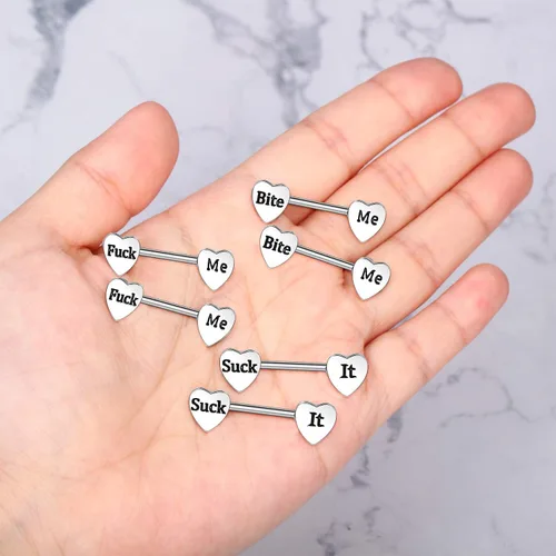 Vista 5 de 3 pares de aretes de acero inoxidable 14G para mujer, mancuernas en forma de corazón para pezón y lengua