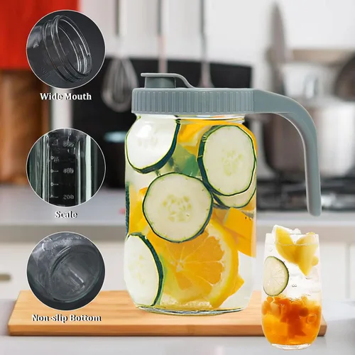 Vista 5 de Jarra con tapa de mango de boquilla de vertido, jarra de vidrio resistente a prueba de fugas de 32 onzas para té helado, limonada, té solar