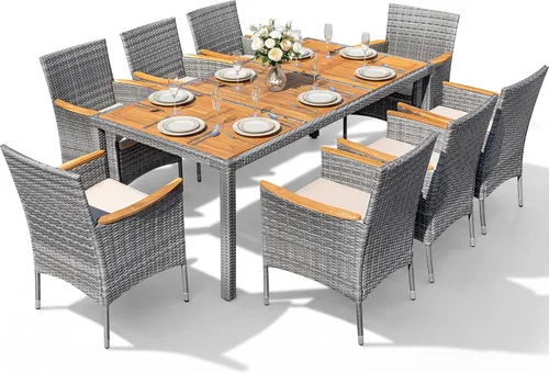 Vista 15 de Devoko - Juego de comedor de madera de acacia, 5 piezas, ratán negro