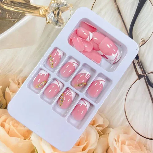 Vista 6 de LPOODDNU Uñas postizas cortas de punta francesa a presión, uñas postizas cuadradas, uñas acrílicas rosas con diamantes de imitación, puntas de uñas