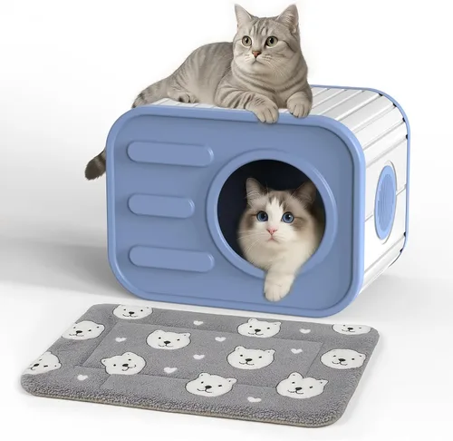 Vista 10 de PatioZen Cama para gatos de interior, casa en cubo, resistente a la intemperie, refugio aislado de plástico con suelo elevado, apilable