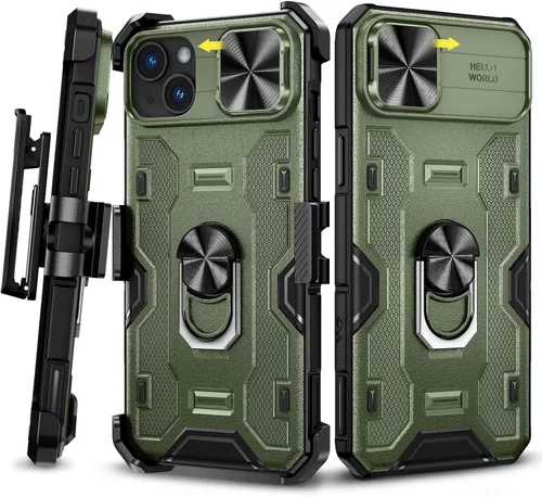 Vista 11 de Caka - Funda para iPhone 14 Plus con soporte y funda para cámara, color negro 360° Rotated Kickstand, Sliding Camera Lens Cover, Heavy Duty Hard