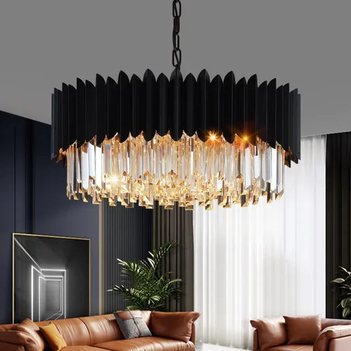 Vista 18 de Candelabro de cristal negro de 20 pulgadas, K9, luces colgantes redondas, ajustables, de 4 niveles, gran lámpara de cristal moderna, 6 luces