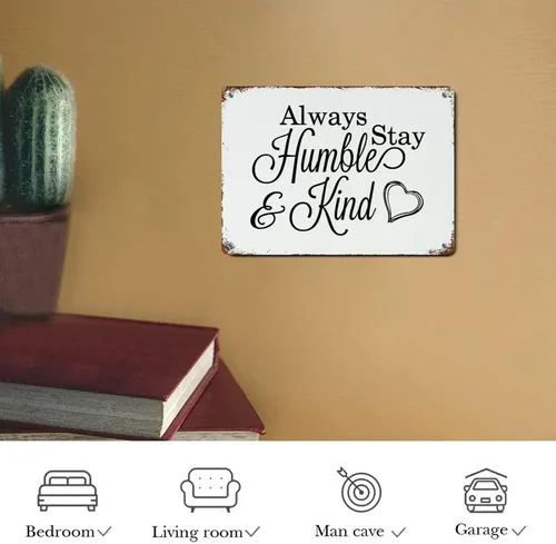Vista 7 de Letrero de metal para la familia, letrero de metal decorativo con texto en inglés "Always Stay Humble And Kind", divertido diseño retro, placa