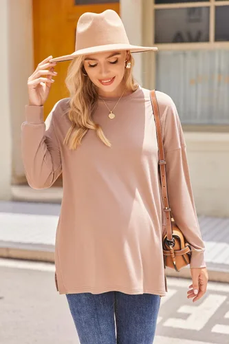 Vista 2 de Ekouaer Camisas de maternidad para mujer, manga larga, con abertura lateral, camiseta de embarazo, blusa tipo túnica, ropa casual para mamá