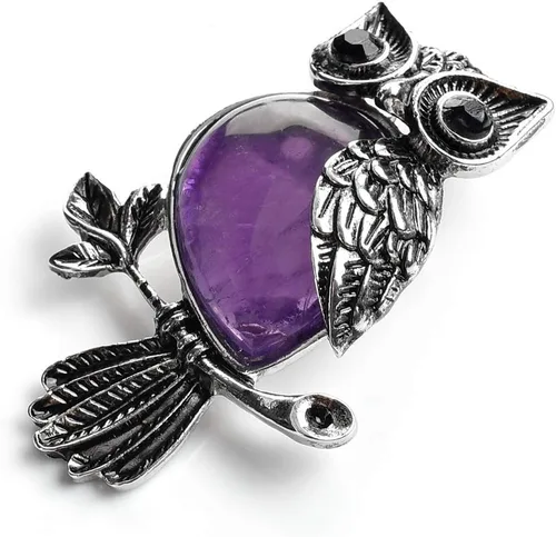 Vista 2 de Jovivi Regalos de búho, collar con dije de piedras de cristal curativo para mujeres y hombres, amatista natural, cuarzo rosa, joyería para reiki