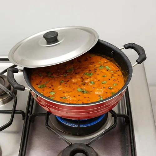 Vista 3 de GD Deep Kadai - Sartén antiadherente Kadhai Indian Karahi con tapa de acero inoxidable, sartén antiadherente, multiusos, utensilios de cocina, ollas