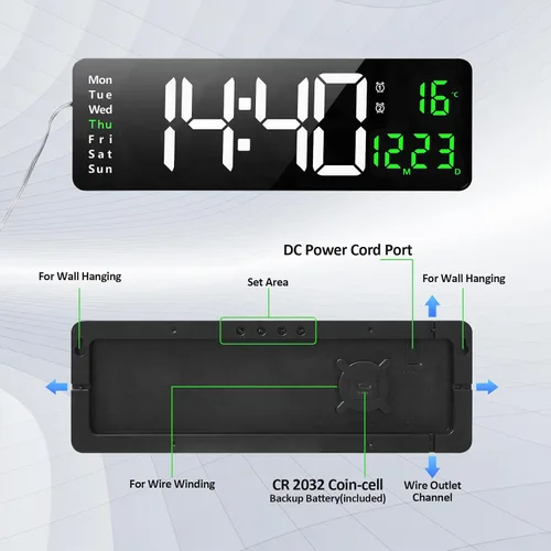 Vista 5 de Reloj de pared digital grande, reloj de pared digital de 16 pulgadas con hora, fecha, temperatura, semana, temporizador, 12/24 horas, atenuación