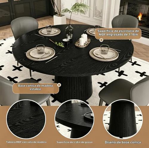 Vista 4 de Black Round Dining Table Set for 4, 47 In Kitchen Table with 4 Fabric Chair