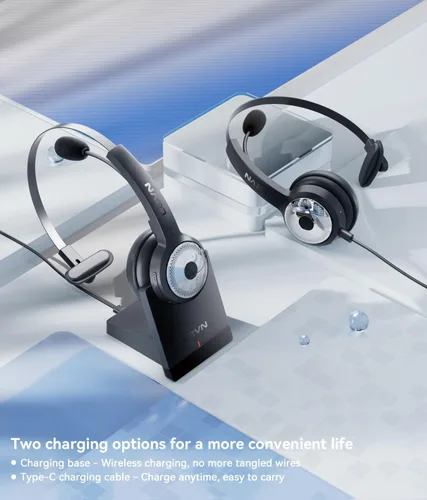 Vista 5 de LEVN Auriculares inalámbricos con micrófono para el trabajo, auriculares inalámbricos (base de carga, cancelación de ruido y botón de silencio)