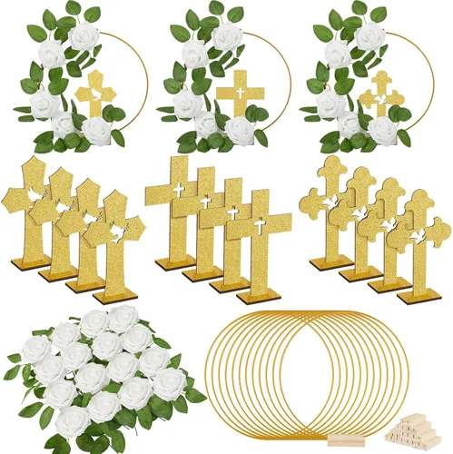 Vista 8 de Wesiti 48 piezas Centro de mesa para bautizo, decoración de mesa para primera comunión, 12 cruces de madera, 12 aros florales con soporte, 24 rosas