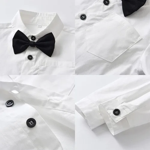 Vista 6 de IBTOM CASTLE Camisa con pajarita para bebés y niños, pantalones con tirantes, trajes de caballero para boda, bautismo, cumpleaños, esmoquin formal
