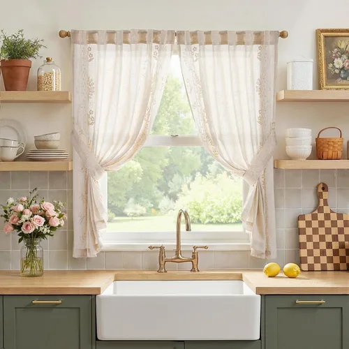 Vista 17 de jinchan Cortinas de lino floral beige para cocina, 24 pulgadas, 2 paneles A Beige