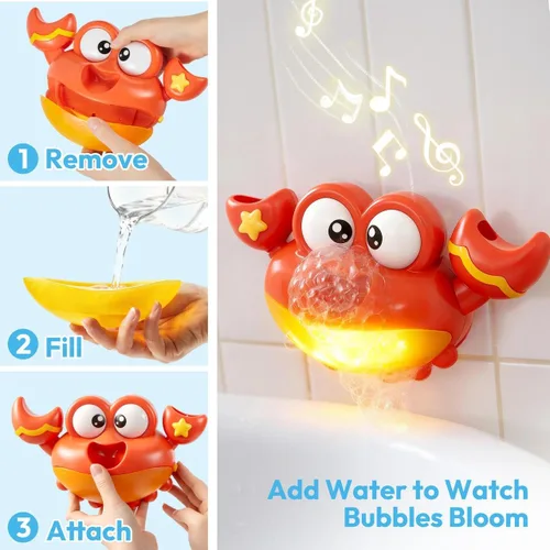Vista 4 de Juguetes de baño para bebés de 2 a 4 años, máquina de burbujas de cangrejo con música, luces LED, juguetes de baño iluminados para niños