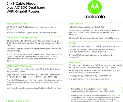 Vista 4 de Motorola Combo de router WiFi de módem MG7700 con potenciador de potencia Aprobado por Comcast Xfinity, Cox y Spectrum para planes de cable