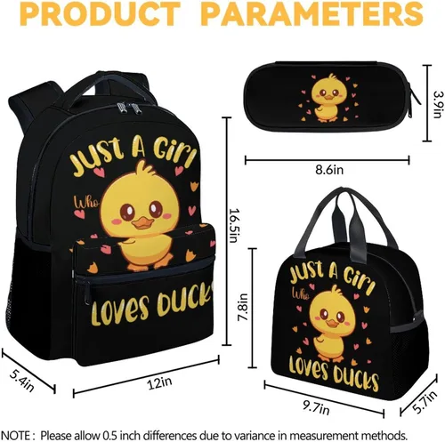 Vista 4 de FUZZYFIT Mochila de pato con juego de lonchera para niños, mochilas escolares 3 en 1 a juego, bonita bolsa negra y estuche para lápices