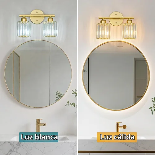 Vista 2 de Lámpara de tocador moderna de cristal de 2 luces, accesorio de luz vertical dorada para baño sobre espejo para mesa de tocador y fregadero