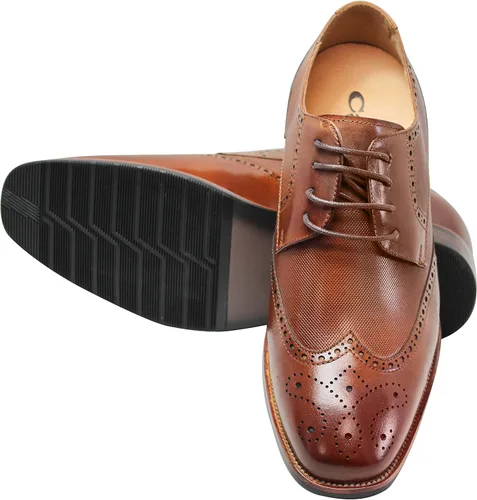 Vista 4 de CALTO Zapatos de ascensor invisibles para hombre - Cuero premium marrón con punta de ala con cordones Oxfords formales - 3 pulgadas más alto - Y10652