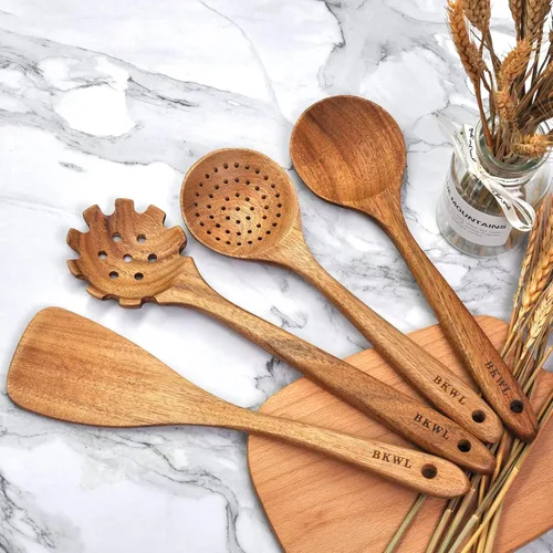 Vista 6 de Juego de 10 utensilios de cocina de madera para cocinar, cucharas de madera y espátula (10)