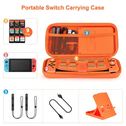 Vista 2 de Younik Switch Accessories Bundle, 15 in 1 Orange Switch (NOT OLEDLite) Accessories Kit for Girls Include Switch Carrying Case, Adjustable Stand