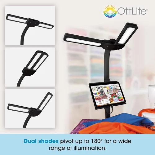 Vista 2 de OttLite Lámpara de pie LED de doble pantalla con soporte ajustable, amplia gama de iluminación con puerto de carga USB de 2.1 A integrado y cuello