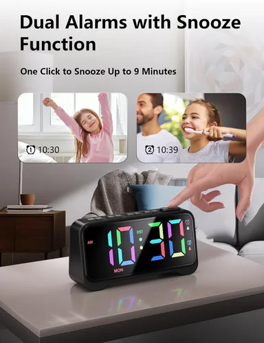 Vista 5 de Mesqool Reloj despertador súper fuerte para dormitorios, modo de fin de semana/día de la semana, atenuador, repetición, 12/24 horas, horario de Negro