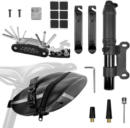Vista 8 de 15 en 1 kit de reparación de bicicletas conjunto de herramientas impermeable bolsa de sillín de bicicleta