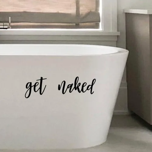 Vista 4 de Letrero de baño con texto en inglés «Get Naked», calcomanía de vinilo de 9 x 3