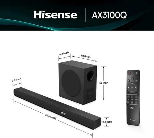 Vista 2 de Hisense AX3100Q Barra de sonido de 3.1 canales con subwoofer inalámbrico, Dolby Atmos, DTS:X, canal central, control de aplicación y control remoto