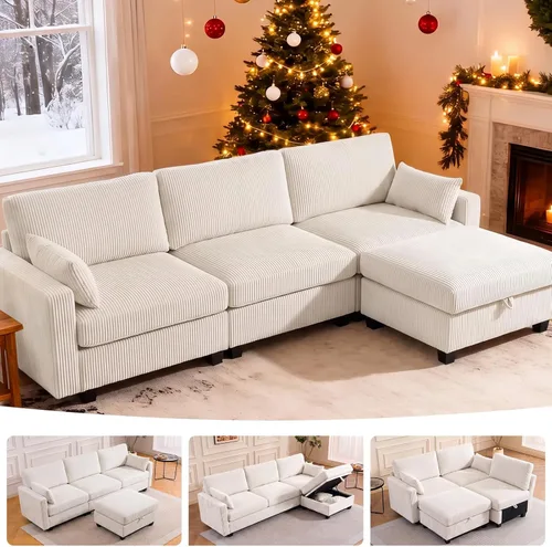 Vista 14 de Sofá modular de 109 pulgadas, sofá en forma de L con otomana de almacenamiento, cómodo sofá nube con asiento profundo, sofás seccionales Beige