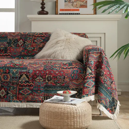 Vista 23 de vctops Fundas de sofá jacquard vintage para sofá seccional patrón de pájaros funda de sofá con flecos para perros fundas de sofá de dos plazas funda
