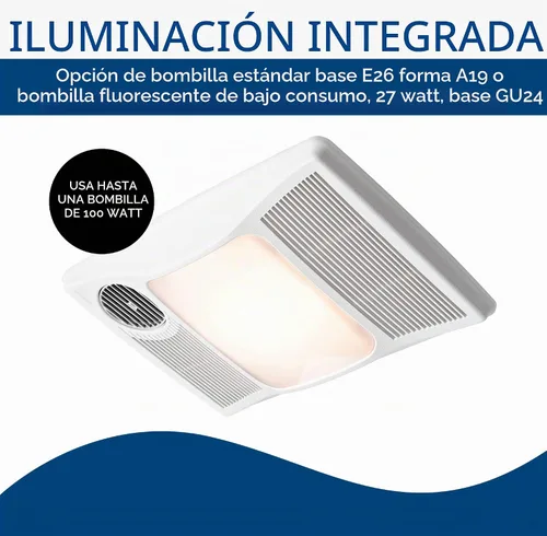 Vista 4 de Broan 100HL Ventilador de baño, 100 CFM para conductos de 4" con luz incandescente máxima de 100W (no incluida) y calentador - Blanco