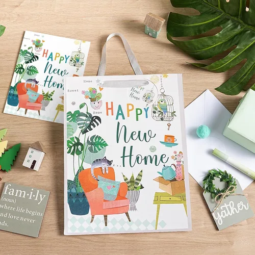 Vista 5 de Loveinside Bolsa de regalo para inauguración de la casa, diseño de hogar feliz con gato y plantas, bolsa de regalo de tamaño mediano con papel
