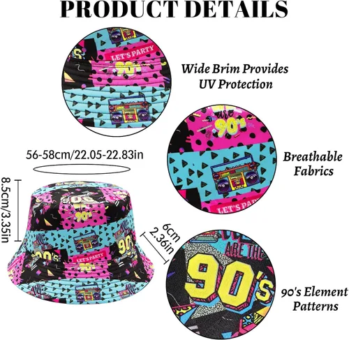 Vista 2 de YAMEIZE Sombrero de pescador retro de los años 90 para hombres y mujeres, trajes de moda de los años 90, gorra para el sol, plegable, sombrero