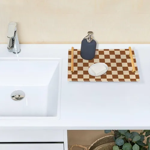 Vista 7 de Bandeja decorativa de barra a cuadros americanos naranja y blanco con asas bandeja para mesa de centro para joyería perfume para sofá sirviendo