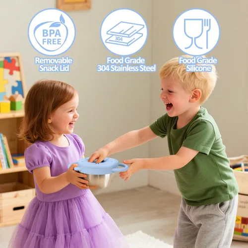 Vista 3 de Paquete de 2 Tazas de Aperitivos de Acero Inoxidable para Niños Pequeños - 9 OZ Recipientes de Aperitivos para Bebés a Prueba de Derrames
