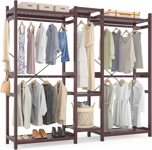 Vista 17 de Homykic Perchero de bambú para colgar ropa, perchero resistente con estantes ajustables de 7 niveles, varillas dobles, 4 ganchos, sistema de armario