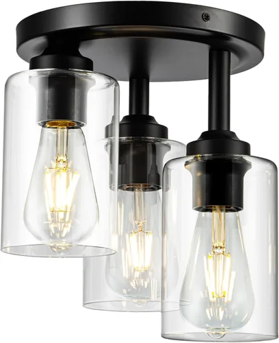 Vista 8 de 3-Light Black Outdoor Flush Mount Ceiling Light Fixture with Glass Shade Lámparas de techo de jaula cuadrada rústica de 10.6 pulgadas, lámparas